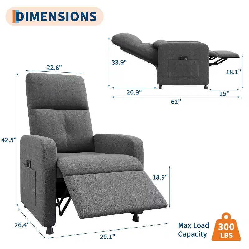 Recliner Chair with Ergonomic Overstuffed Tall Back, Recliner Sofa with Padded Seat, 2 Side Pockets, Home Theater Seating for Living Room