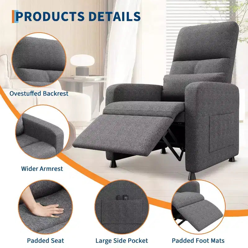 Recliner Chair with Ergonomic Overstuffed Tall Back, Recliner Sofa with Padded Seat, 2 Side Pockets, Home Theater Seating for Living Room