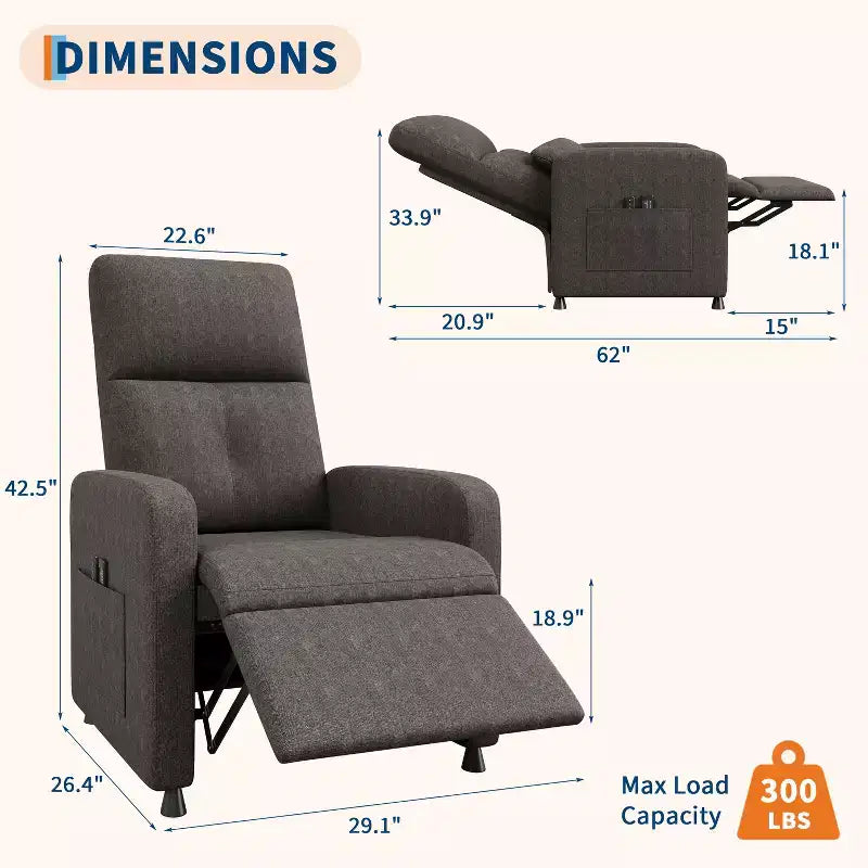 Recliner Chair with Ergonomic Overstuffed Tall Back, Recliner Sofa with Padded Seat, 2 Side Pockets, Home Theater Seating for Living Room