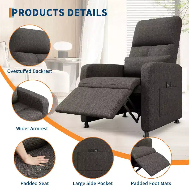 Recliner Chair with Ergonomic Overstuffed Tall Back, Recliner Sofa with Padded Seat, 2 Side Pockets, Home Theater Seating for Living Room