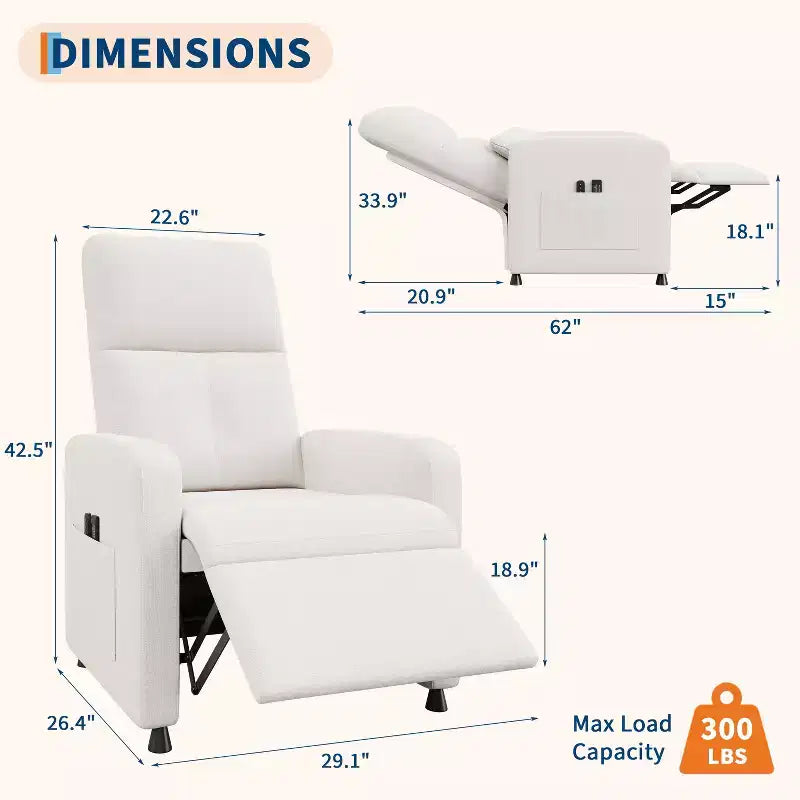 Recliner Chair with Ergonomic Overstuffed Tall Back, Recliner Sofa with Padded Seat, 2 Side Pockets, Home Theater Seating for Living Room