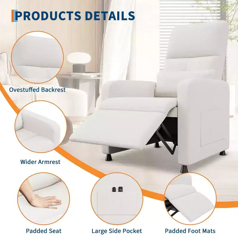 Recliner Chair with Ergonomic Overstuffed Tall Back, Recliner Sofa with Padded Seat, 2 Side Pockets, Home Theater Seating for Living Room