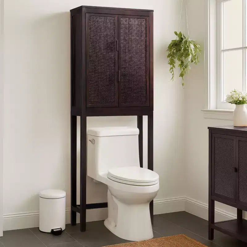 Hatteras Modern Boho Over Toilet Storage Cabinet with Solid Wood & Natural Rattan Accents-Teamson Home