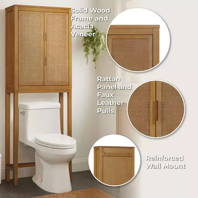 Hatteras Modern Boho Over Toilet Storage Cabinet with Solid Wood & Natural Rattan Accents-Teamson Home