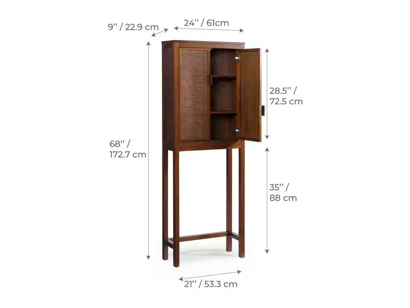 Hatteras Modern Boho Over Toilet Storage Cabinet with Solid Wood & Natural Rattan Accents-Teamson Home