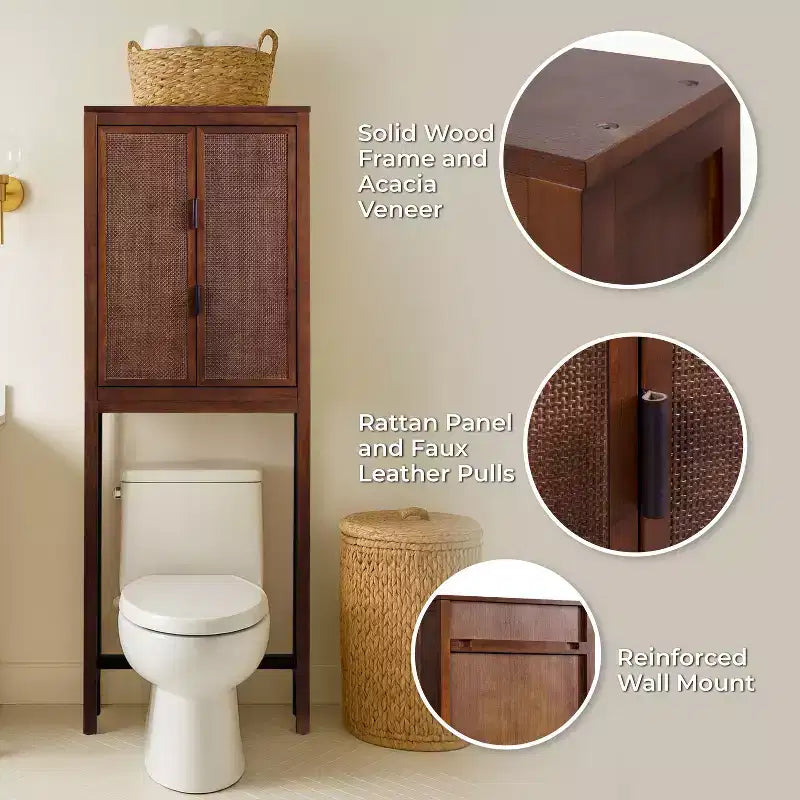Hatteras Modern Boho Over Toilet Storage Cabinet with Solid Wood & Natural Rattan Accents-Teamson Home