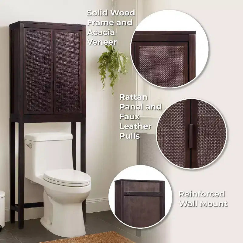 Hatteras Modern Boho Over Toilet Storage Cabinet with Solid Wood & Natural Rattan Accents-Teamson Home