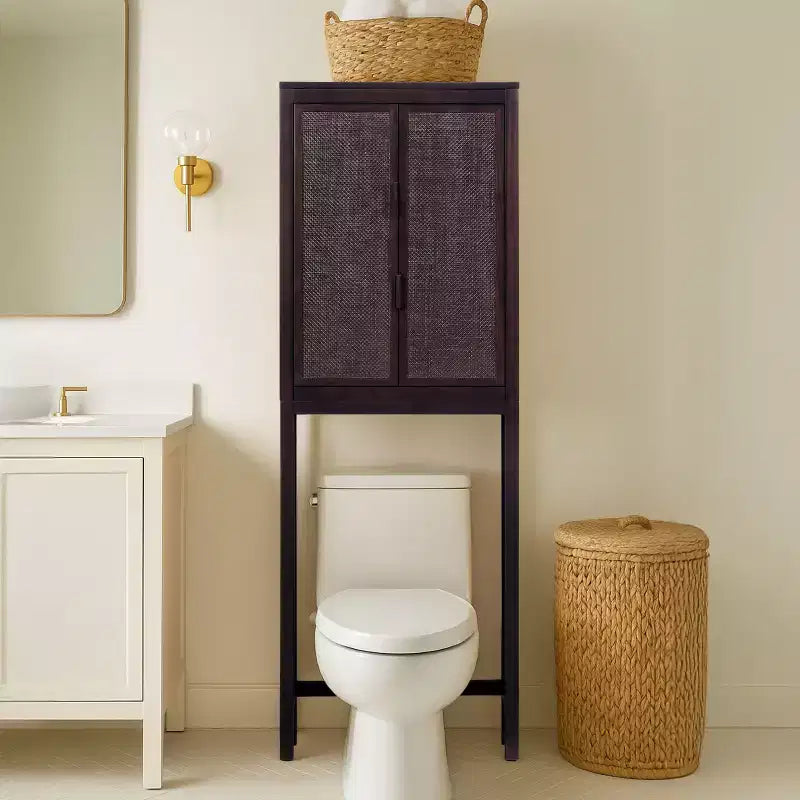 Hatteras Modern Boho Over Toilet Storage Cabinet with Solid Wood & Natural Rattan Accents-Teamson Home