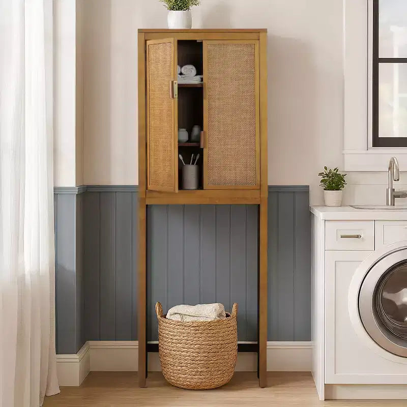 Hatteras Modern Boho Over Toilet Storage Cabinet with Solid Wood & Natural Rattan Accents-Teamson Home