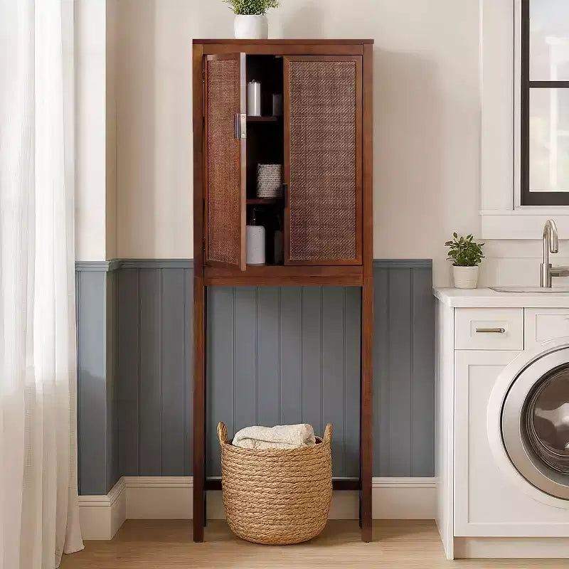 Hatteras Modern Boho Over Toilet Storage Cabinet with Solid Wood & Natural Rattan Accents-Teamson Home