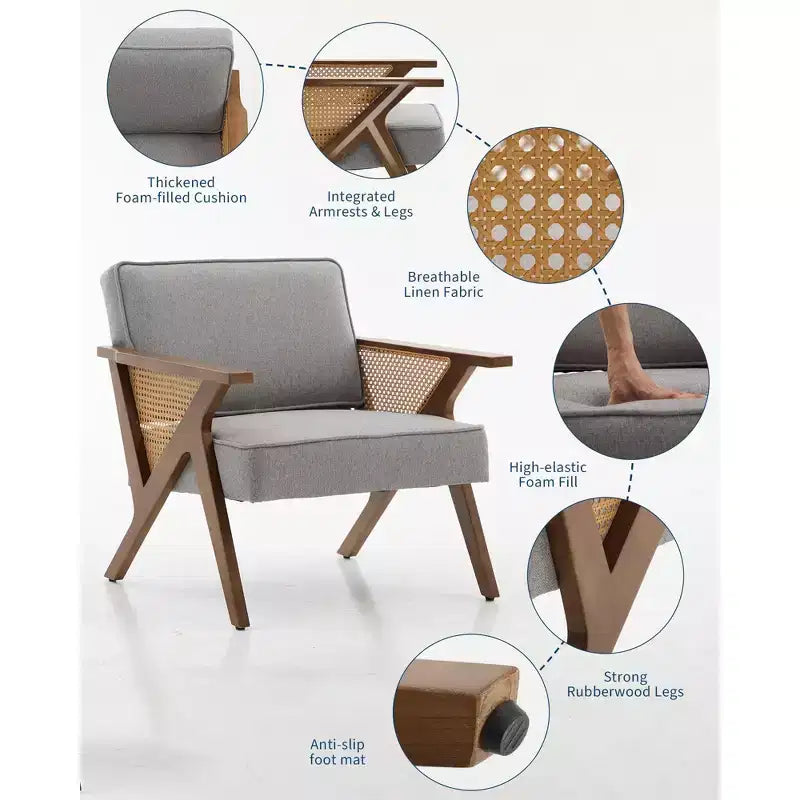 GustoWave Mid Century Rattan Accent Chair, Upholstered Linen Accent Chair, Retro Living Room Chair for Bedroom/Fire Place/Reading Room