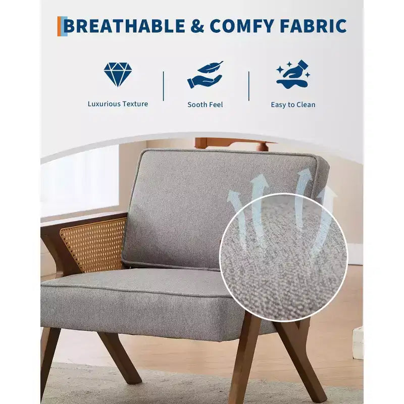 GustoWave Mid Century Rattan Accent Chair, Upholstered Linen Accent Chair, Retro Living Room Chair for Bedroom/Fire Place/Reading Room