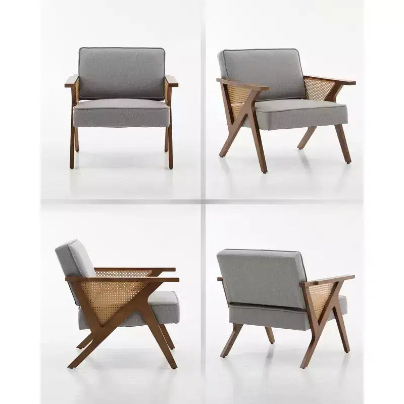 GustoWave Mid Century Rattan Accent Chair, Upholstered Linen Accent Chair, Retro Living Room Chair for Bedroom/Fire Place/Reading Room