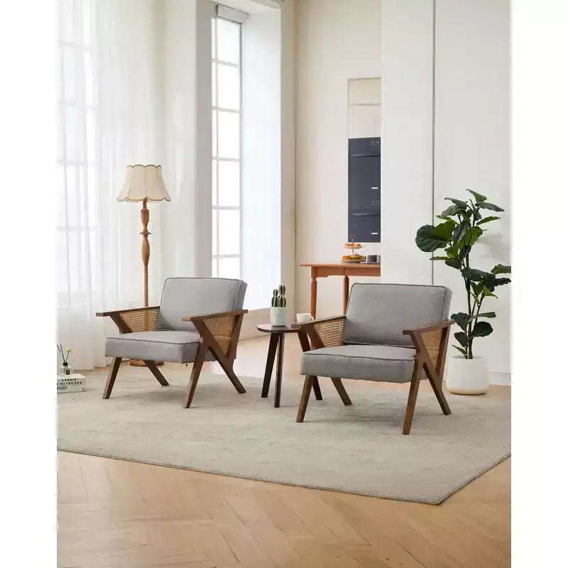 GustoWave Mid Century Rattan Accent Chair, Upholstered Linen Accent Chair, Retro Living Room Chair for Bedroom/Fire Place/Reading Room