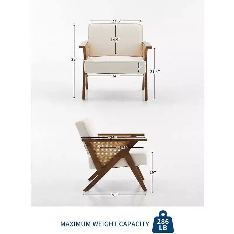 GustoWave Mid Century Rattan Accent Chair, Upholstered Linen Accent Chair, Retro Living Room Chair for Bedroom/Fire Place/Reading Room