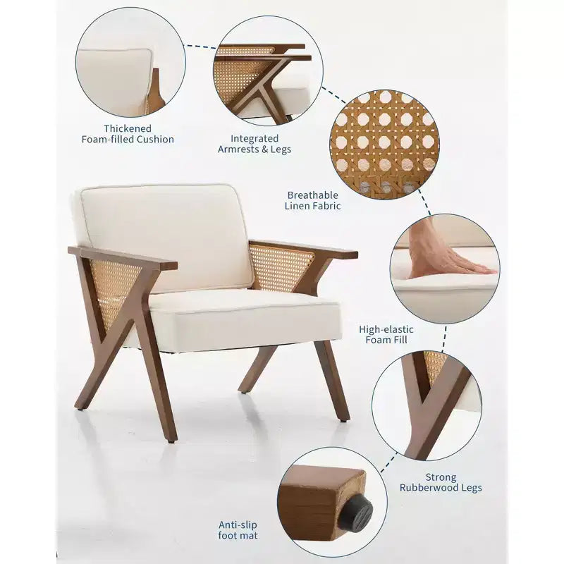 GustoWave Mid Century Rattan Accent Chair, Upholstered Linen Accent Chair, Retro Living Room Chair for Bedroom/Fire Place/Reading Room