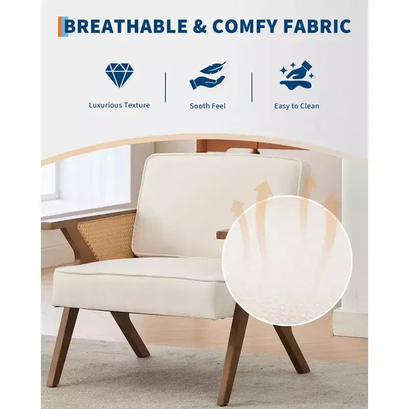 GustoWave Mid Century Rattan Accent Chair, Upholstered Linen Accent Chair, Retro Living Room Chair for Bedroom/Fire Place/Reading Room
