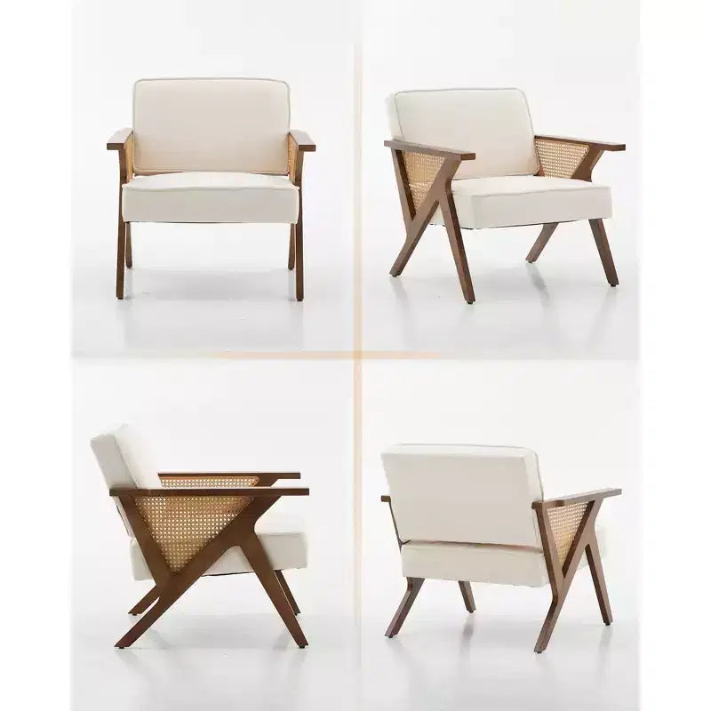 GustoWave Mid Century Rattan Accent Chair, Upholstered Linen Accent Chair, Retro Living Room Chair for Bedroom/Fire Place/Reading Room