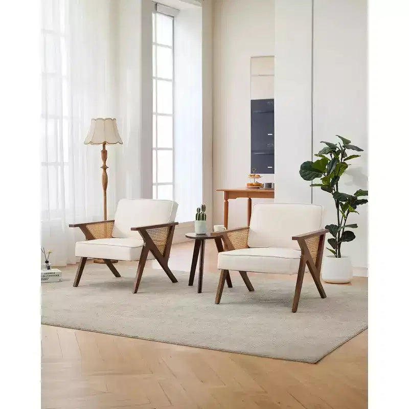 GustoWave Mid Century Rattan Accent Chair, Upholstered Linen Accent Chair, Retro Living Room Chair for Bedroom/Fire Place/Reading Room