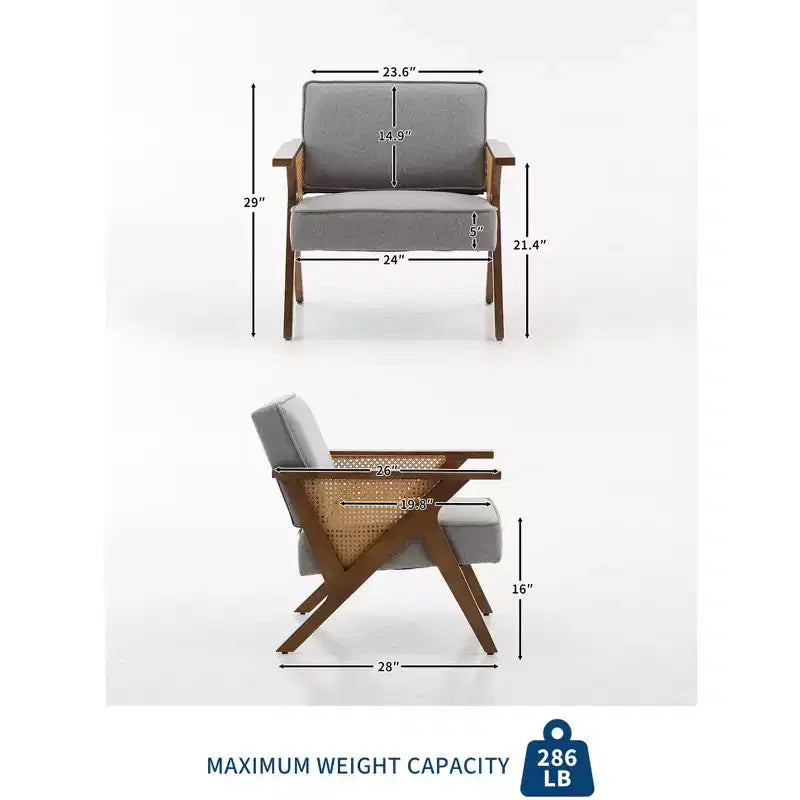 GustoWave Mid Century Rattan Accent Chair, Upholstered Linen Accent Chair, Retro Living Room Chair for Bedroom/Fire Place/Reading Room
