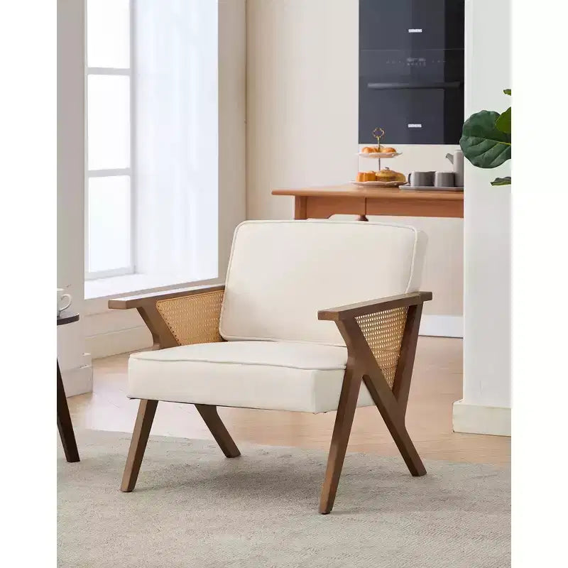 GustoWave Mid Century Rattan Accent Chair, Upholstered Linen Accent Chair, Retro Living Room Chair for Bedroom/Fire Place/Reading Room