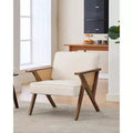 GustoWave Mid Century Rattan Accent Chair, Upholstered Linen Accent Chair, Retro Living Room Chair for Bedroom/Fire Place/Reading Room