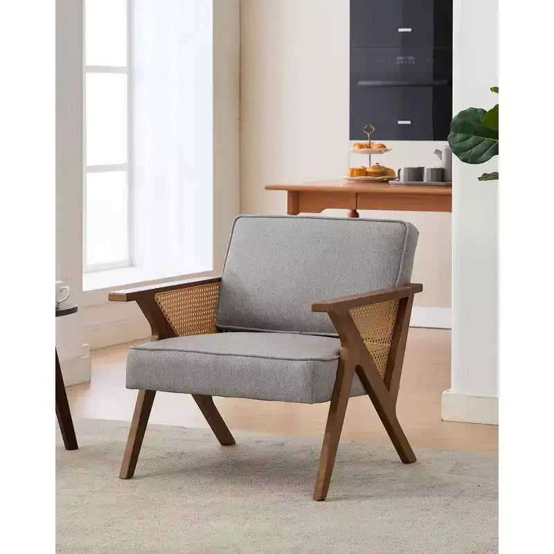 GustoWave Mid Century Rattan Accent Chair, Upholstered Linen Accent Chair, Retro Living Room Chair for Bedroom/Fire Place/Reading Room