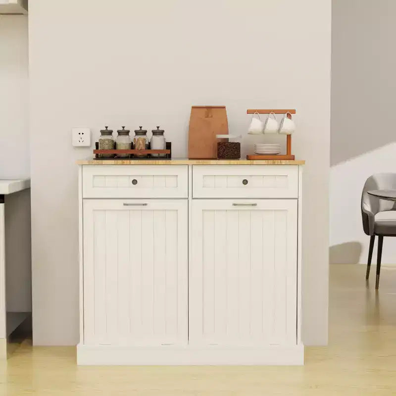 Okak Stoage Cabinet with 2 Tilt-Out Drawers and 2 Sliding Drawers, Sideboard Cabinet with Wood Color Table Top, Kitchen Cabinet for Dining Room, White