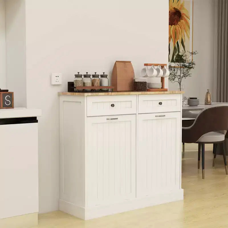Okak Stoage Cabinet with 2 Tilt-Out Drawers and 2 Sliding Drawers, Sideboard Cabinet with Wood Color Table Top, Kitchen Cabinet for Dining Room, White