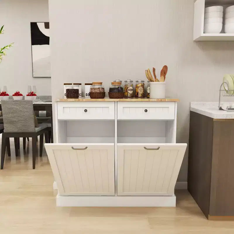 Okak Stoage Cabinet with 2 Tilt-Out Drawers and 2 Sliding Drawers, Sideboard Cabinet with Wood Color Table Top, Kitchen Cabinet for Dining Room, White
