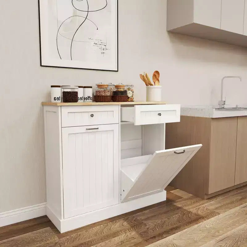 Okak Stoage Cabinet with 2 Tilt-Out Drawers and 2 Sliding Drawers, Sideboard Cabinet with Wood Color Table Top, Kitchen Cabinet for Dining Room, White