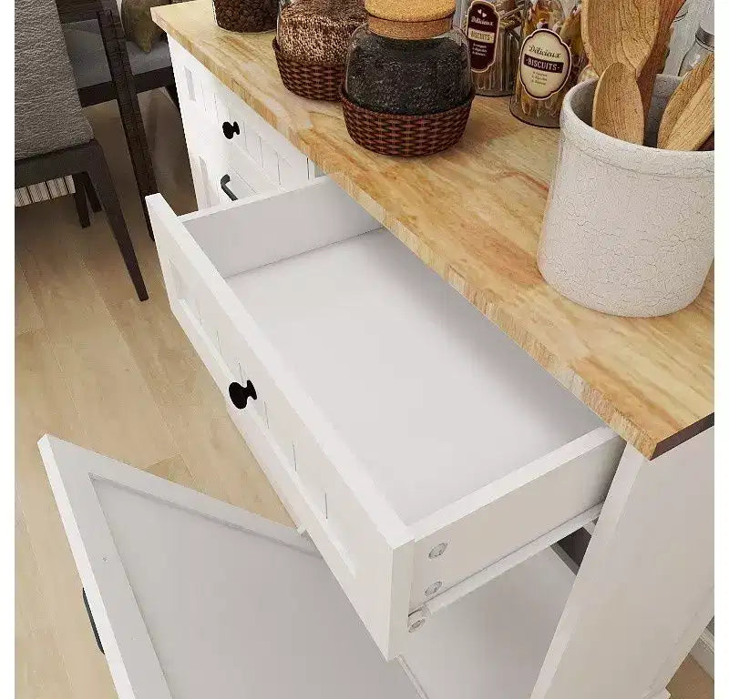 Okak Stoage Cabinet with 2 Tilt-Out Drawers and 2 Sliding Drawers, Sideboard Cabinet with Wood Color Table Top, Kitchen Cabinet for Dining Room, White