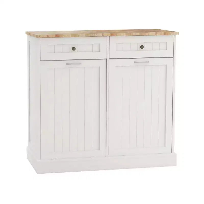 Okak Stoage Cabinet with 2 Tilt-Out Drawers and 2 Sliding Drawers, Sideboard Cabinet with Wood Color Table Top, Kitchen Cabinet for Dining Room, White