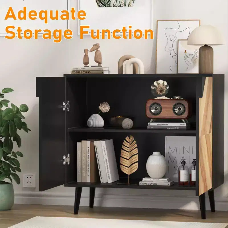 COZONY 31.5 Modern Storage Cabinet with Shelf & Doors, Black and Walnut Grain Sideboard Buffet for Dining Room, Living Room, Entryway
