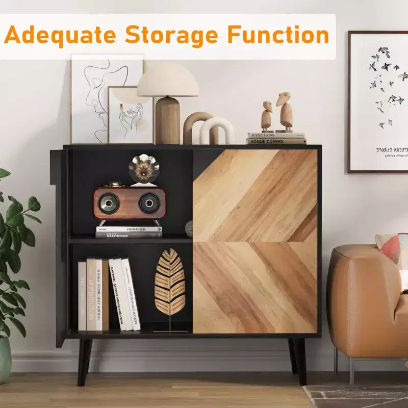 COZONY 31.5 Modern Storage Cabinet with Shelf & Doors, Black and Walnut Grain Sideboard Buffet for Dining Room, Living Room, Entryway