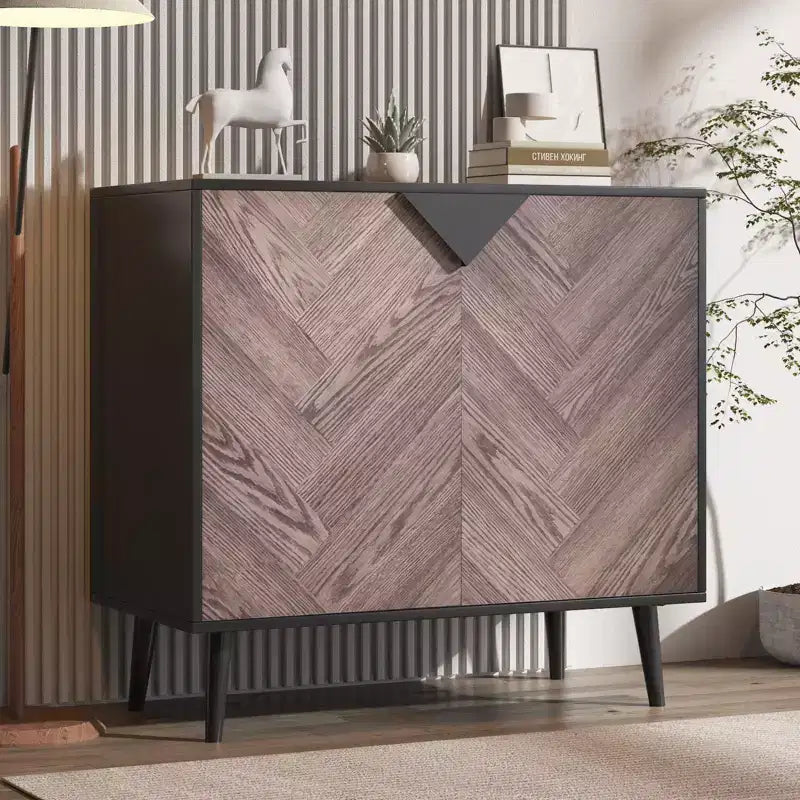 COZONY 31.5 Modern Storage Cabinet with Shelf & Doors, Black and Walnut Grain Sideboard Buffet for Dining Room, Living Room, Entryway