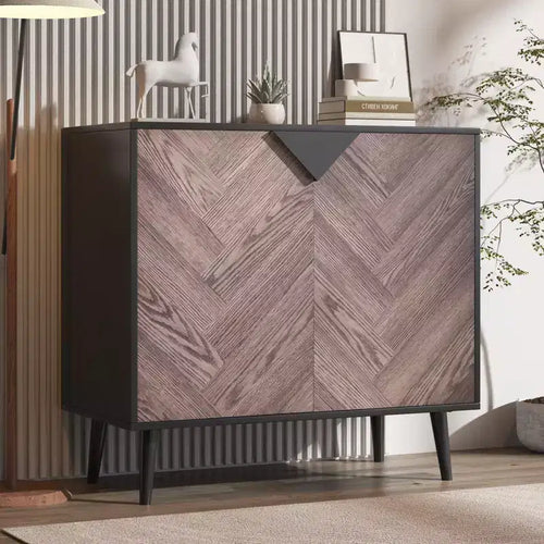 COZONY 31.5 Modern Storage Cabinet with Shelf & Doors, Black and Walnut Grain Sideboard Buffet for Dining Room, Living Room, Entryway