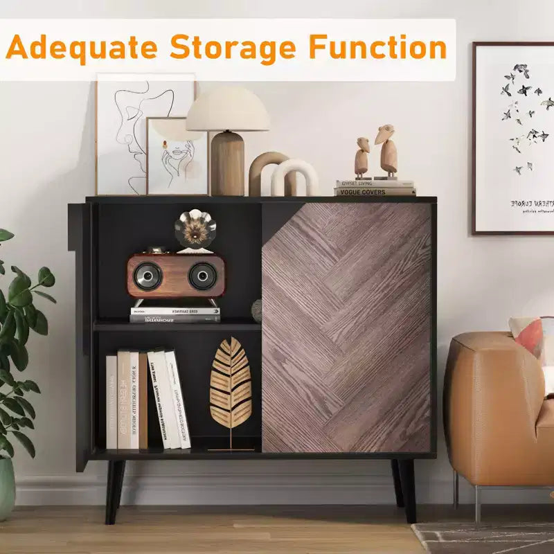 COZONY 31.5 Modern Storage Cabinet with Shelf & Doors, Black and Walnut Grain Sideboard Buffet for Dining Room, Living Room, Entryway