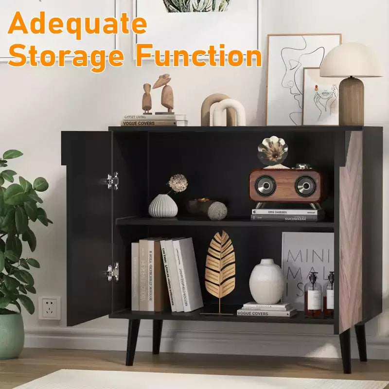 COZONY 31.5 Modern Storage Cabinet with Shelf & Doors, Black and Walnut Grain Sideboard Buffet for Dining Room, Living Room, Entryway