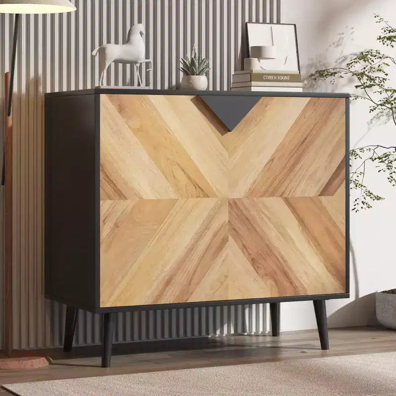 COZONY 31.5 Modern Storage Cabinet with Shelf & Doors, Black and Walnut Grain Sideboard Buffet for Dining Room, Living Room, Entryway