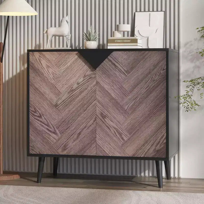 COZONY 31.5 Modern Storage Cabinet with Shelf & Doors, Black and Walnut Grain Sideboard Buffet for Dining Room, Living Room, Entryway