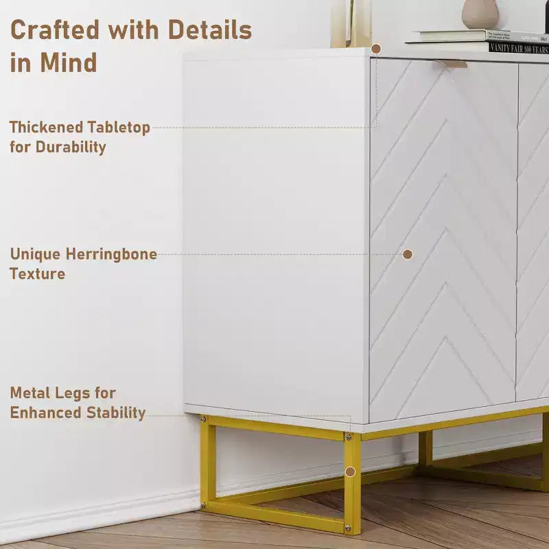 31.5 In Modern Sideboard Buffet Cabinet,Wood Accent Storage Cabinet with Herringbone Doors & Shelf,Credenza Console Table for Dining Room Living Room