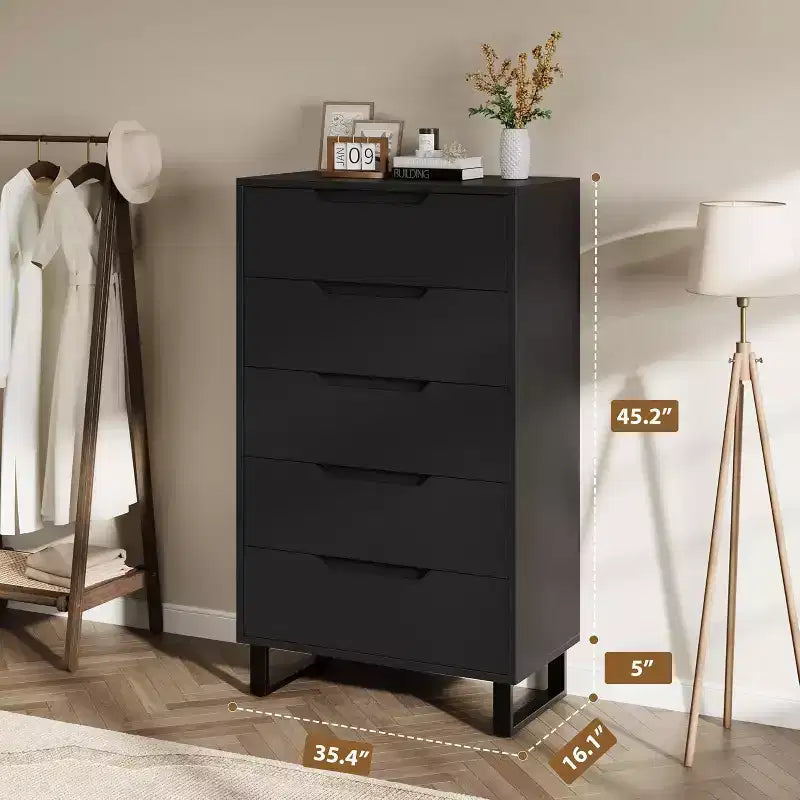 5-Drawer Tall Dresser for Bedroom and Living Room, 50-Inch Freestanding Vertical Chest, Storage Cabinet for Hallway Closet Organization, Black