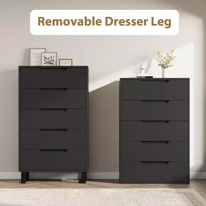 5-Drawer Tall Dresser for Bedroom and Living Room, 50-Inch Freestanding Vertical Chest, Storage Cabinet for Hallway Closet Organization, Black