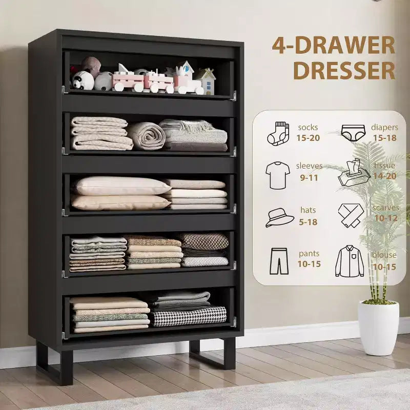 5-Drawer Tall Dresser for Bedroom and Living Room, 50-Inch Freestanding Vertical Chest, Storage Cabinet for Hallway Closet Organization, Black