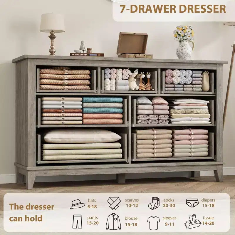 7 Dresser for Bedroom, 54 Tall Vertical Drawer Dresser with Large Storage, Freestanding Wooden Closet Chest for Bedroom, Living Room