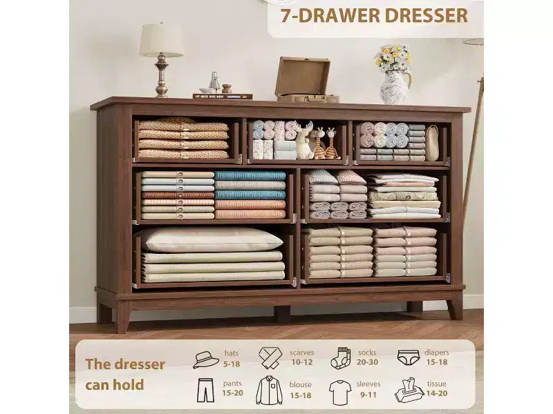 7 Dresser for Bedroom, 54 Tall Vertical Drawer Dresser with Large Storage, Freestanding Wooden Closet Chest for Bedroom, Living Room