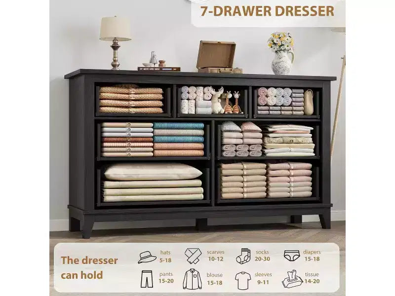 7 Dresser for Bedroom, 54 Tall Vertical Drawer Dresser with Large Storage, Freestanding Wooden Closet Chest for Bedroom, Living Room