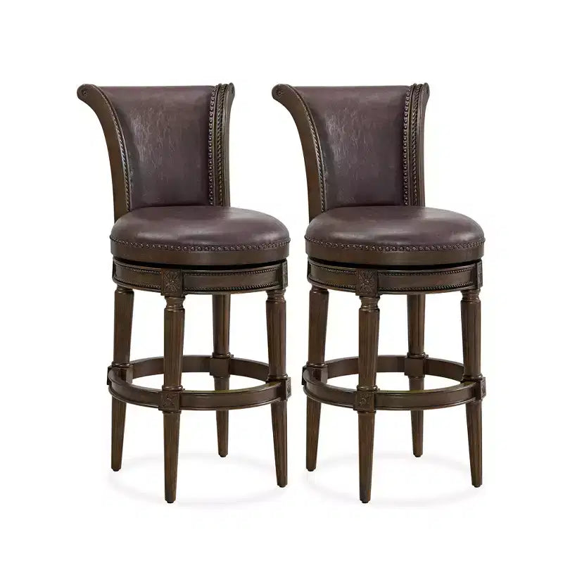 ROME + OAK Runyan 31 Swivel Bar Stool, High Back Barstool in Dark Walnut Finish with Vintage Brown Vegan Leather Seat, Set of 2