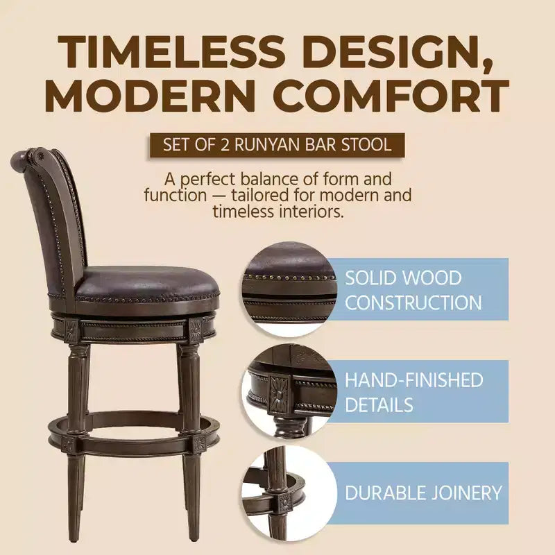 ROME + OAK Runyan 31 Swivel Bar Stool, High Back Barstool in Dark Walnut Finish with Vintage Brown Vegan Leather Seat, Set of 2